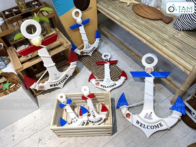 Mỏ neo gỗ Welcome quấn dây thừng đính phụ kiện [3 Size - 2 màu] C32-50-67cm MONEO-05